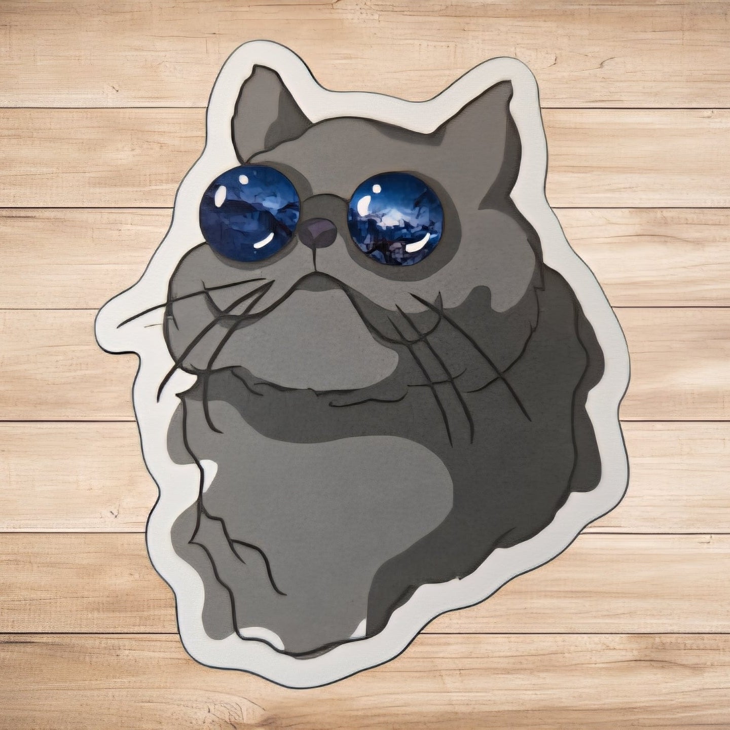die-cut classic glossy vinyl sticker of a cat with glasses reflecting the cosmos
