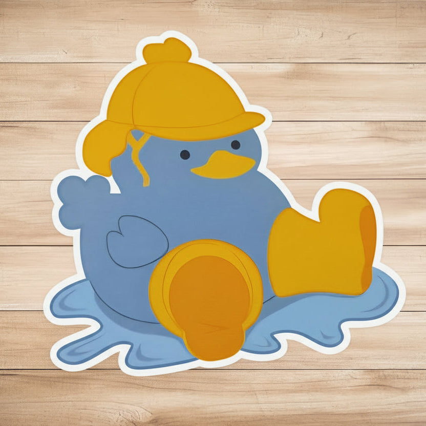 die-cut classic glossy vinyl sticker of a cute cartoon duck sitting in a puddle in rainboots and hat.