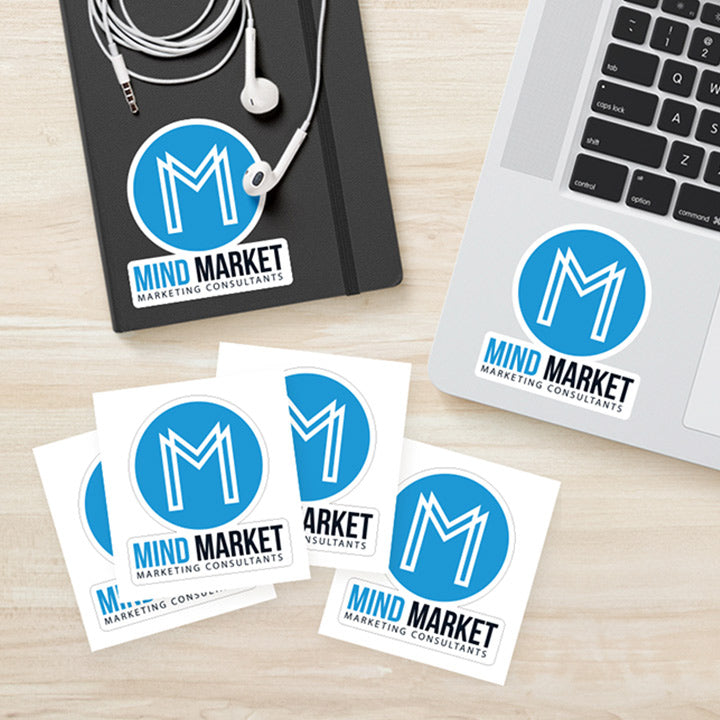 kiss cut Stickers with Mind Market logo on a laptop and notebook