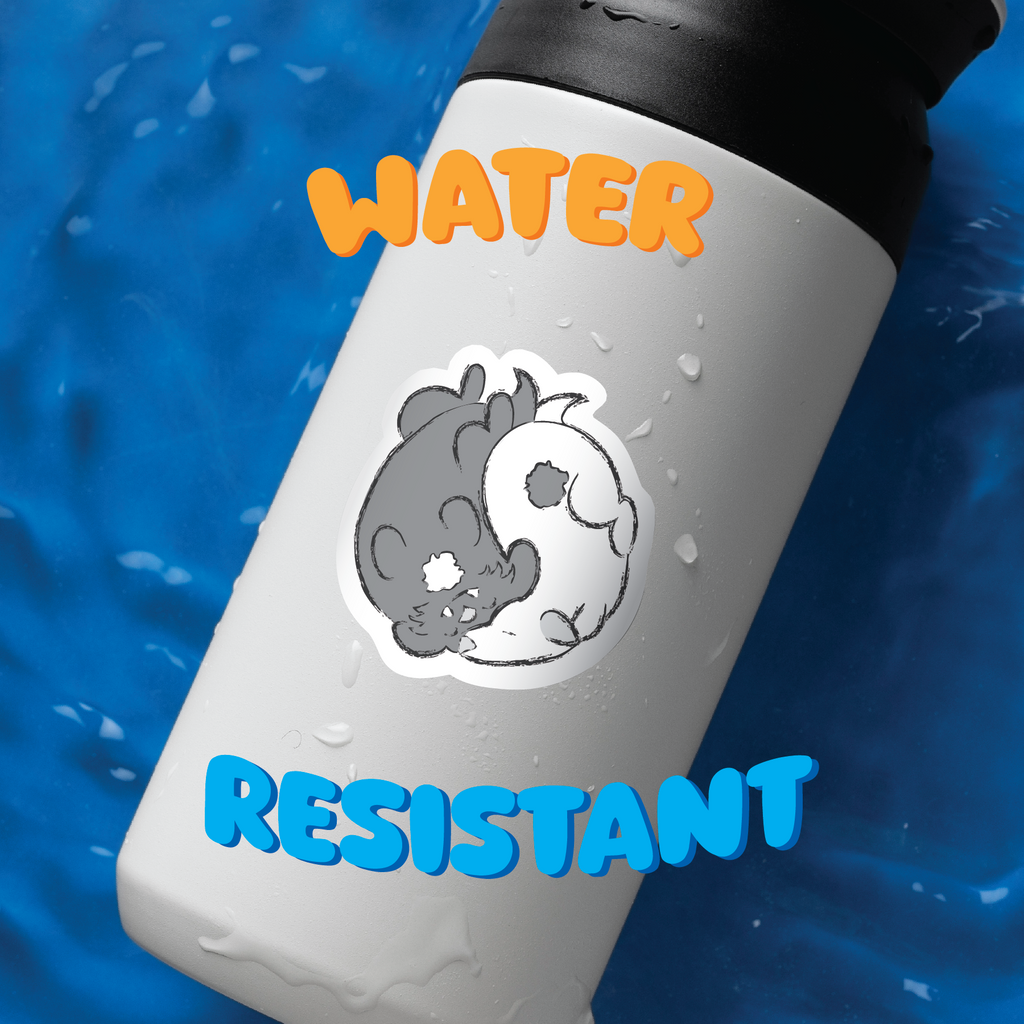 Water bottle with a yin yang design and 'water resistant' text on a water background