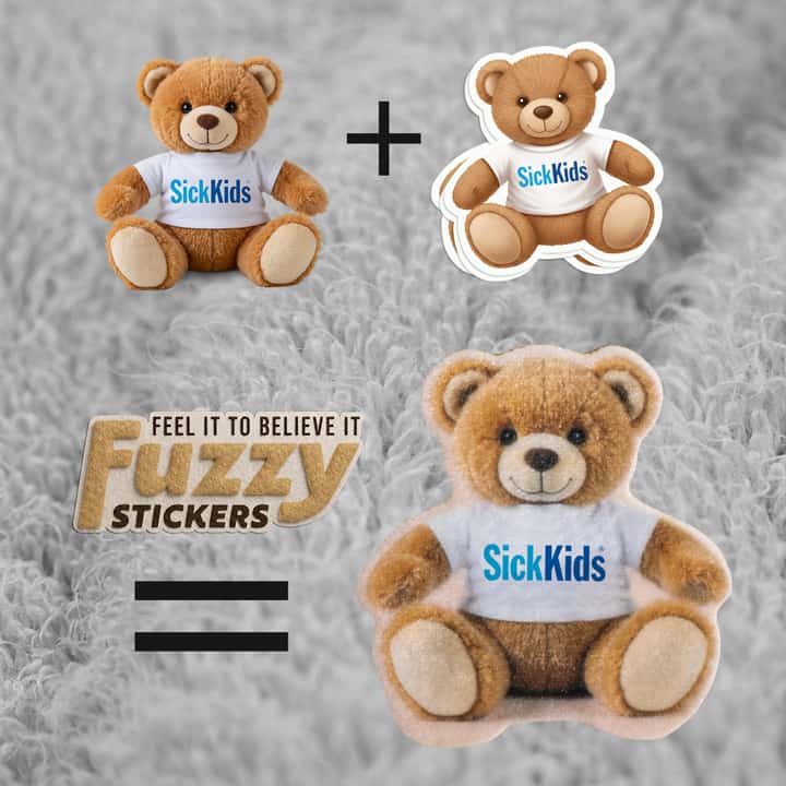 Teddy bear with 'SickKids' shirt and fuzzy stickers on a gray background